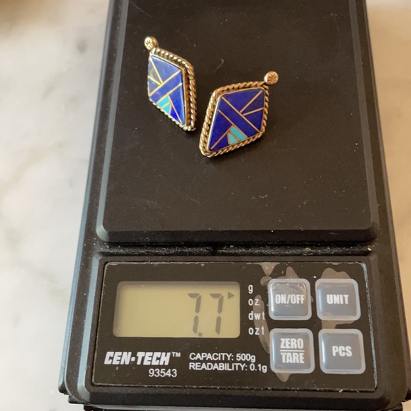 Vintage 14K Gold Lapis Turquoise Native American Earrings - Picture 16 of 16